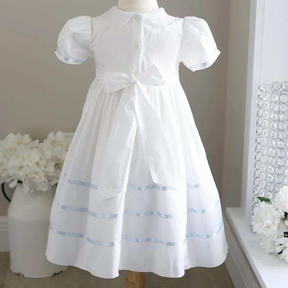 Strasburg Dress White Heirloom Smocked 6x/7 Blue Trim Special Occassion - Picture 7 of 7